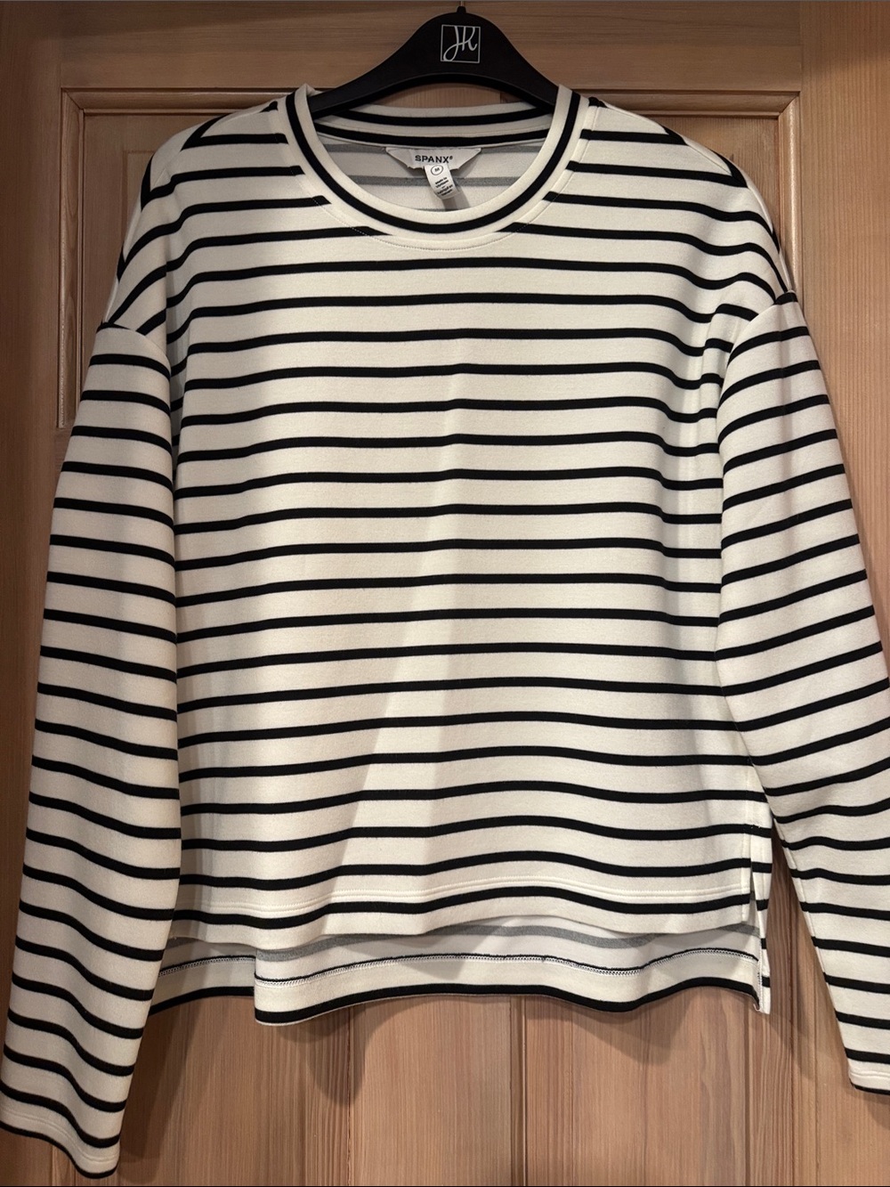 SPANX Black/Navy and White Striped Crewneck Pullover